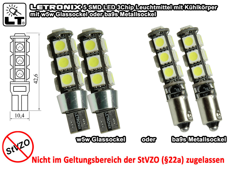 2x 13 SMD LED Standlicht xenon weiß w5w oder ba9s T10 CheckControl CanBus sicher
