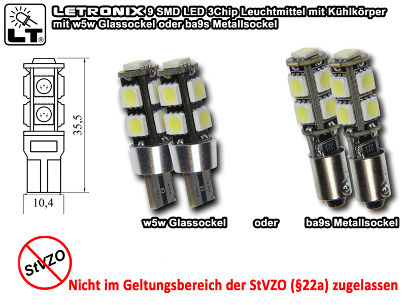 2x 9 SMD LED Leuchtmittel XENON weiß w5w T10 CanBus CheckControl kein Standlicht