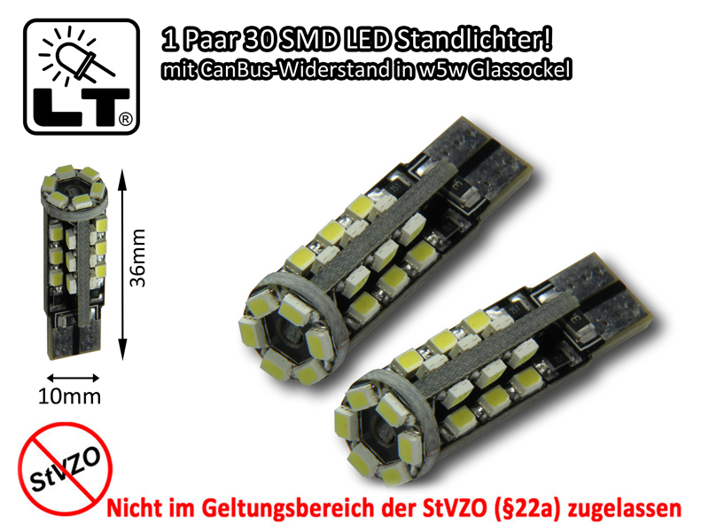 2x 30SMD LED Standlicht XENON weiß w5w T10 Glassockel CheckControl CanBus sicher