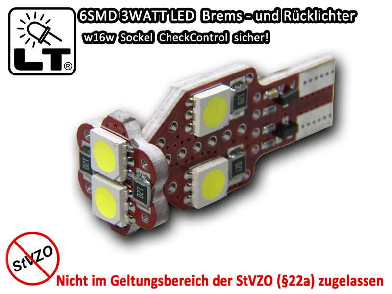 1 STÜCK 6 5050 SMD 3Watt LED Rück- bzw. Bremsleuchten Rückfahrlicht W16W Sockel